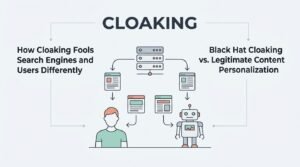 Infographic titled 'Cloaking' illustrating how cloaking fools search engines and users differently on the left, and black hat cloaking versus legitimate content personalization on the right, surrounding a central server routing content to a user and a search bot.