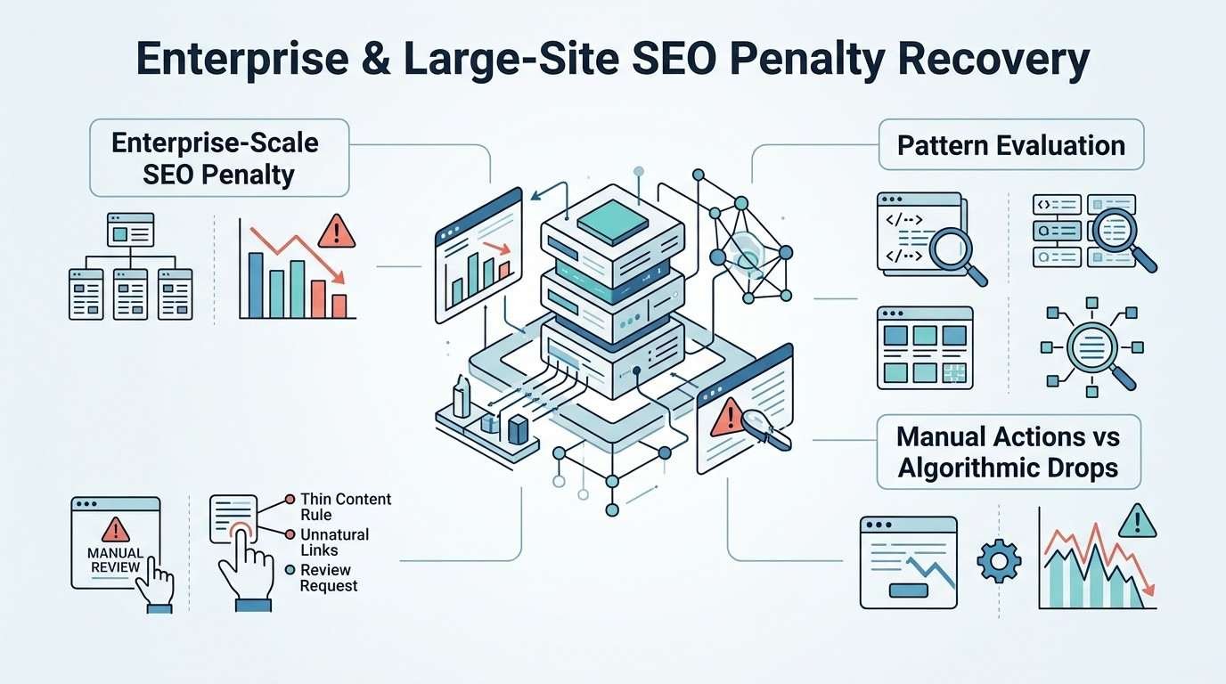 Infographic titled 'Enterprise & Large-Site SEO Penalty Recovery' illustrating enterprise-scale SEO penalties on the left-covering site hierarchies, traffic drops, manual reviews, thin content rules, unnatural links, and review requests-pattern evaluation on the top right, and manual actions versus algorithmic drops on the bottom right, surrounding a central server rack infrastructure graphic.
