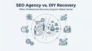 Infographic titled 'SEO Agency vs. DIY Recovery: When Professional Recovery Support Makes Sense' comparing structured agency-led workflows and consulting on the left with independent DIY site maintenance and resource gathering on the right.