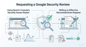Infographic titled 'Requesting a Google Security Review' illustrating using Search Console's Security Issues Report on the left and writing an effective reconsideration request on the right, surrounding a central shield icon with a checkmark and magnifying glass.