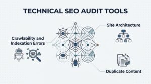 Infographic on technical SEO audit tools highlighting key metrics and checks for crawlablity and indexation errors, site architecture, and duplicate content.