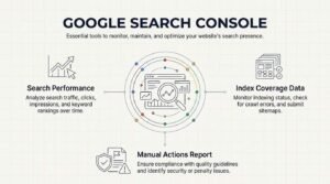 Infographic on Google Search Console tools to monitor, maintain, and optimize a website's search presence, highlighting Search Performance data, Index Coverage, and the Manual Actions Report.