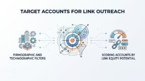 Target accounts for link outreach infographic detailing firmographic and technographic filters and scoring accounts by link equity potential.