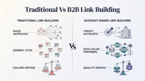 Comparative SEO infographic contrasting traditional link building—characterized by mass email outreach, generic sites, and a volume-driven approach—with account-based link building, which focuses on target accounts, high-value partners, and a quality-driven strategy.