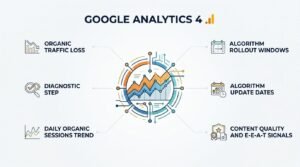 Infographic on Google Analytics 4 tracking for organic traffic loss, featuring diagnostic steps, daily organic sessions trends, algorithm rollout windows and update dates, and content quality and E-E-A-T signals.