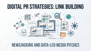 Digital PR strategies for link building infographic focusing on newsjacking and data-led media pitches, featuring icons for computers, analytics charts, news reports, and backlink networks.