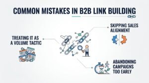 Common mistakes in B2B link building infographic detailing pitfalls such as treating it as a volume tactic, skipping sales alignment, and abandoning campaigns too early.