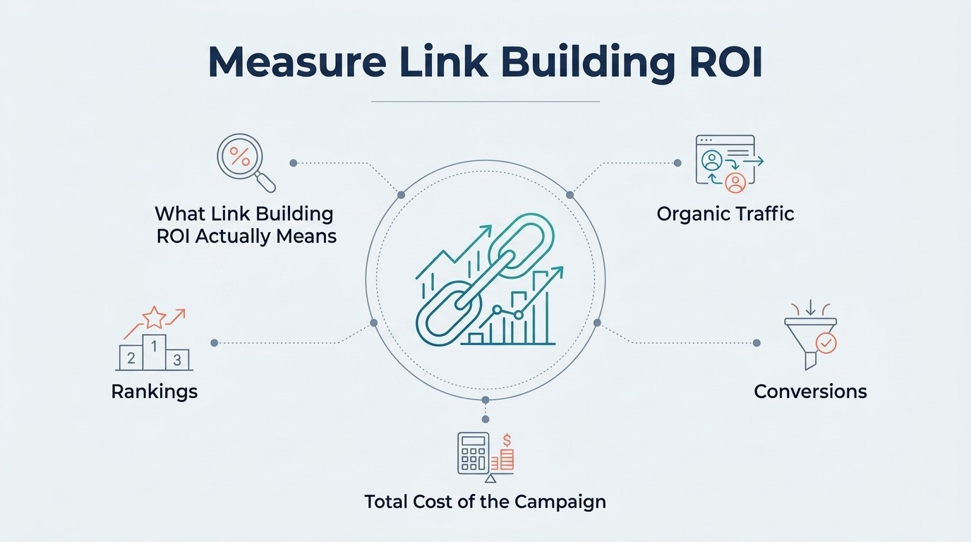 Digital marketing infographic titled "Measure Link Building ROI" illustrating key metrics including campaign costs, search rankings, organic traffic, and conversion funnels.