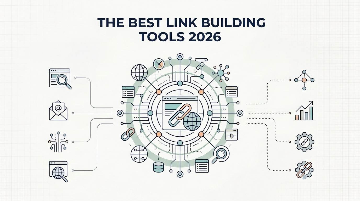 Infographic titled "The Best Link Building Tools 2026" featuring a central interconnected web schematic surrounded by various SEO, outreach, and analytics icons on a grid background.