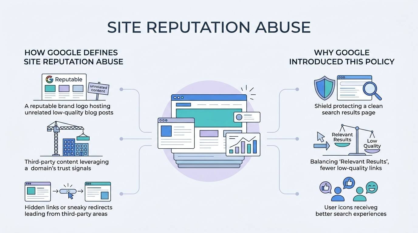 Infographic titled 'Site Reputation Abuse' illustrating how Google defines site reputation abuse on the left—covering reputable brands hosting unrelated low-quality blog posts, third-party content leveraging domain trust signals, and hidden links or sneaky redirects—and why Google introduced this policy on the right—covering clean search result shields, balancing relevant results against low quality, and providing better user experiences—surrounding a central browser and analytics icon.