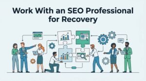 Infographic titled 'Work With an SEO Professional for Recovery' illustrating a collaborative team of specialists analyzing data dashboards, charts, puzzle pieces, and technical diagnostic tools for website penalty recovery.