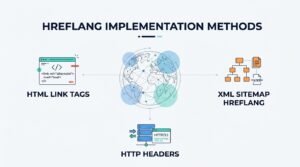 Infographic detailing the three primary hreflang implementation methods for international SEO: HTML link tags, HTTP headers, and XML sitemaps.
