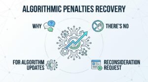 Infographic titled 'Algorithmic Penalties Recovery' explaining why algorithmic updates happen and noting that there is no reconsideration request process, surrounding a central gear and rising growth arrow icon.