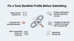 Infographic titled 'Fix a Toxic Backlink Profile Before Submitting' illustrating exporting the full backlink list, flagging links from irrelevant domains, waiting a reasonable window for responses, contacting webmasters directly requesting removal, compiling unremoved links into a disavow file, and uploading the disavow file surrounding a central linked chain and magnifying glass icon.
