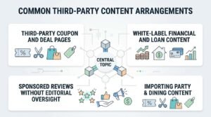 Infographic titled 'Common Third-Party Content Arrangements' illustrating third-party coupon and deal pages, white-label financial and loan content, sponsored reviews without editorial oversight, and importing party and dining content surrounding a central topic node.