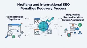 Infographic outlining the recovery process for hreflang and international SEO penalties, including fixing tag errors and requesting reconsideration when applicable.