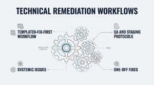 Infographic illustrating technical remediation workflows for websites, detailing master template gears, systemic issues, one-off fixes, and QA staging protocols.