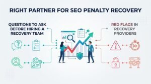 Infographic on finding the right partner for SEO penalty recovery, featuring questions to ask before hiring a recovery team and red flags to watch out for in recovery providers.