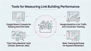 Digital marketing infographic titled "Tools for Measuring Link Building Performance" highlighting Google Search Console, Google Analytics 4, third-party backlink software, and rank tracking tools.