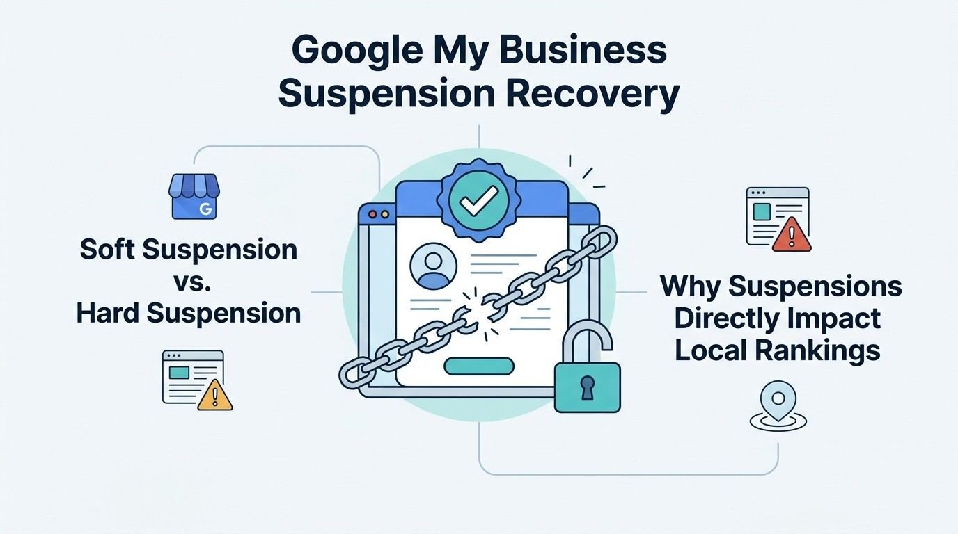 Infographic titled 'Google My Business Suspension Recovery' illustrating soft suspension versus hard suspension on the left, and why suspensions directly impact local rankings on the right, surrounding a central profile document locked with a chain and padlock.