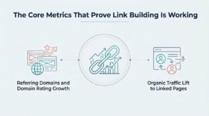 Digital marketing infographic titled "The Core Metrics That Prove Link Building Is Working" highlighting referring domains, domain rating growth, and organic traffic lift to linked pages.