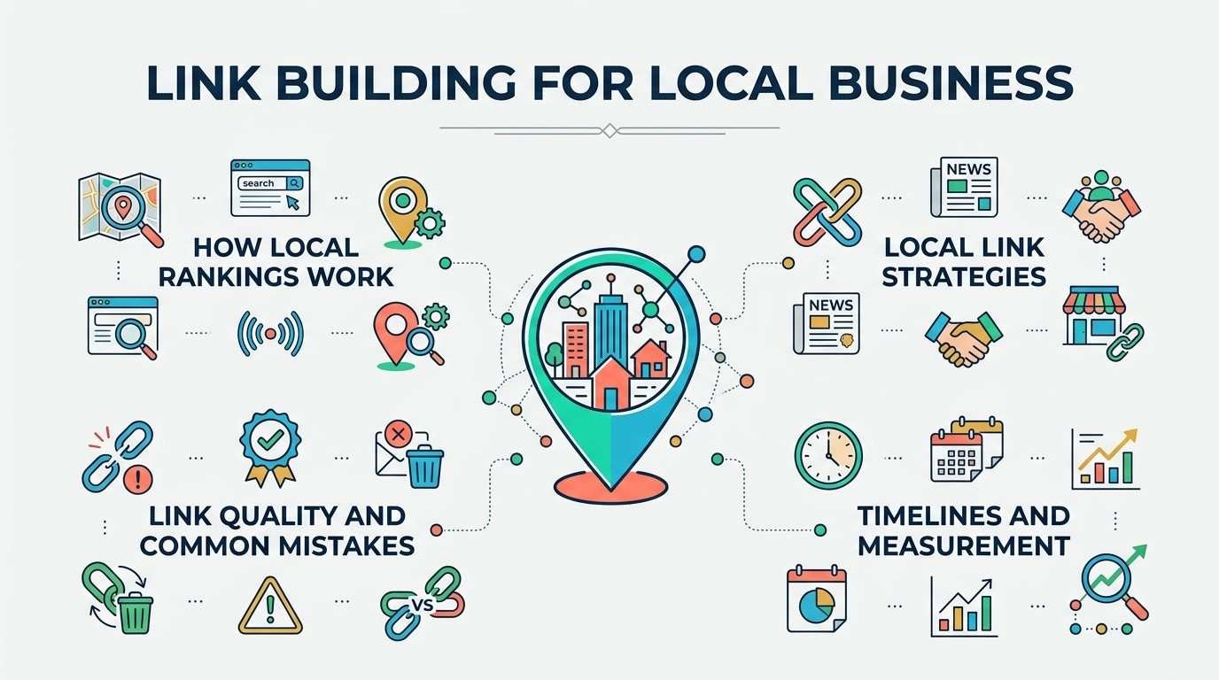 Link building for local business infographic featuring sections on how local rankings work, local link strategies, link quality and common mistakes, and timelines and measurement with colorful icons.