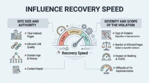 Infographic titled 'Influence Recovery Speed' illustrating site size and authority factors on the left-covering total indexed pages, inbound link quality, domain age and history, and content depth-and severity and scope of the violation on the right-covering violation type, number of affected pages, impact on ranking and traffic, and difficulty of fix implementation—surrounding a central recovery speed gauge.