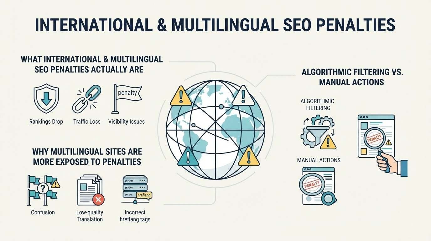 Infographic titled "International & Multilingual SEO Penalties" detailing what penalties are—including rankings drops, traffic loss, and visibility issues—why multilingual sites are exposed due to confusion, low-quality translation, and incorrect hreflang tags, and the difference between algorithmic filtering and manual actions.