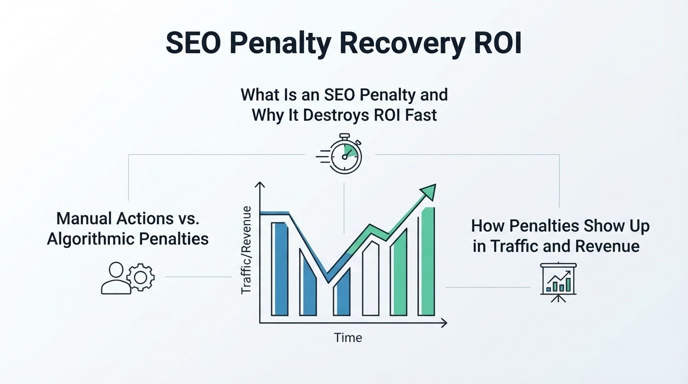 Infographic titled "SEO Penalty Recovery ROI" detailing what an SEO penalty is, why it destroys ROI fast, the differences between manual actions and algorithmic penalties, and how penalties show up in traffic and revenue over time.