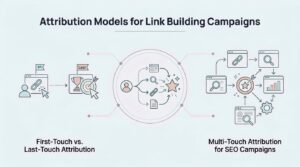 Digital marketing infographic titled "Attribution Models for Link Building Campaigns" explaining first-touch versus last-touch attribution and multi-touch attribution methods for SEO.
