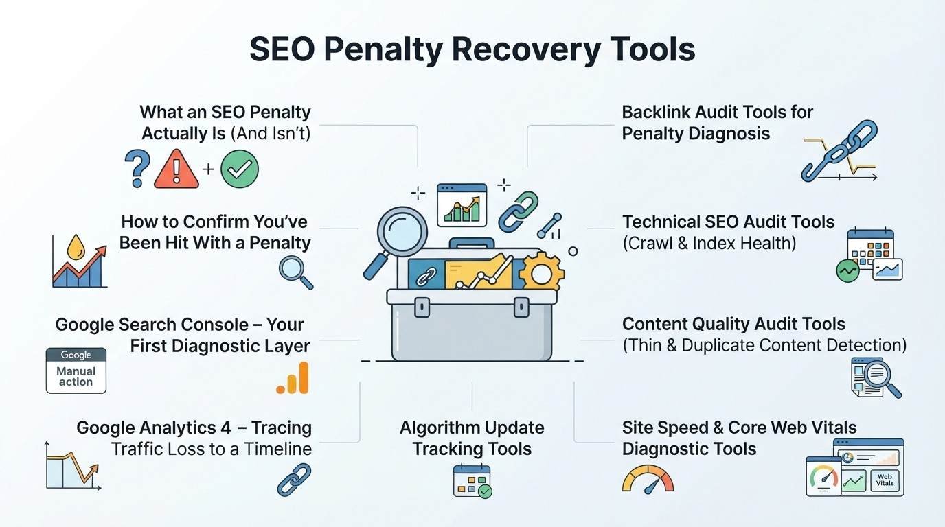 Infographic titled "SEO Penalty Recovery Tools" highlighting what an SEO penalty is and isn't, how to confirm a penalty, Google Search Console as a first diagnostic layer, Google Analytics 4 for tracing traffic loss, algorithm update tracking tools, site speed and Core Web Vitals diagnostics, content quality audit tools for thin and duplicate content, technical SEO audit tools for crawl and index health, and backlink audit tools for penalty diagnosis.