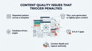 Infographic detailing content quality issues that trigger search engine penalties, including thin content, database-driven pages, template patterns, and E-E-A-T gaps.