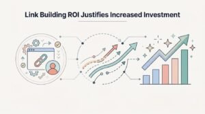 Digital marketing infographic titled "Link Building ROI Justifies Increased Investment" featuring backlink campaigns, data flow lines, and growing financial and traffic charts.