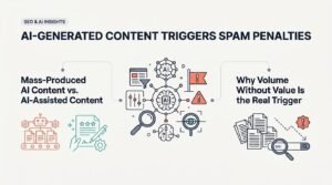 Infographic on SEO and AI insights explaining how AI-generated content triggers spam penalties, comparing mass-produced AI content with AI-assisted content and highlighting why volume without value is the real trigger.