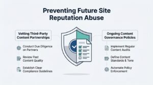 Infographic titled 'Preventing Future Site Reputation Abuse' illustrating vetting third-party content partnerships on the left-covering partner due diligence, past content quality reviews, and compliance guidelines-and ongoing content governance policies on the right—covering regular content audits, content standards and tone definitions, and automated policy enforcement-surrounding a central security shield and document icon.
