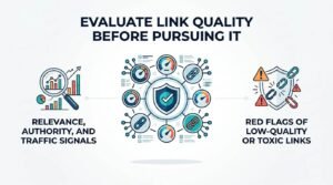 Infographic on evaluating link quality before pursuing it, highlighting relevance, authority, and traffic signals, and red flags of low-quality or toxic links.