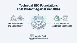 Infographic titled 'Technical SEO Foundations That Protect Against Penalties' illustrating site architecture and crawlability on the left, Core Web Vitals and page experience on the right, and mobile-first indexing compliance at the bottom, surrounding a central server and browser icon.