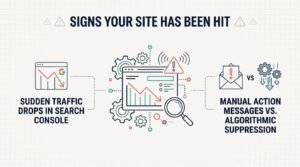 Infographic detailing the signs that a website has been hit by a penalty, featuring sudden traffic drops in Search Console and comparing manual action messages versus algorithmic suppression.