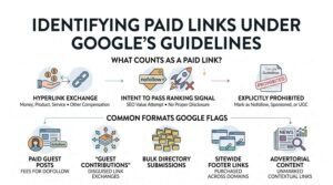 Infographic explaining how Google defines and flags paid links, including exchange types, intent to pass ranking signals, and common violation formats.