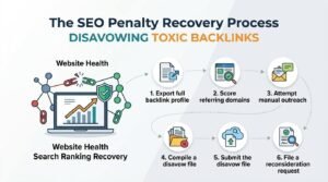 Infographic detailing the SEO penalty recovery process for disavowing toxic backlinks, outlining a 6-step workflow to export backlink profiles, score referring domains, attempt manual outreach, compile and submit disavow files, and file reconsideration requests.