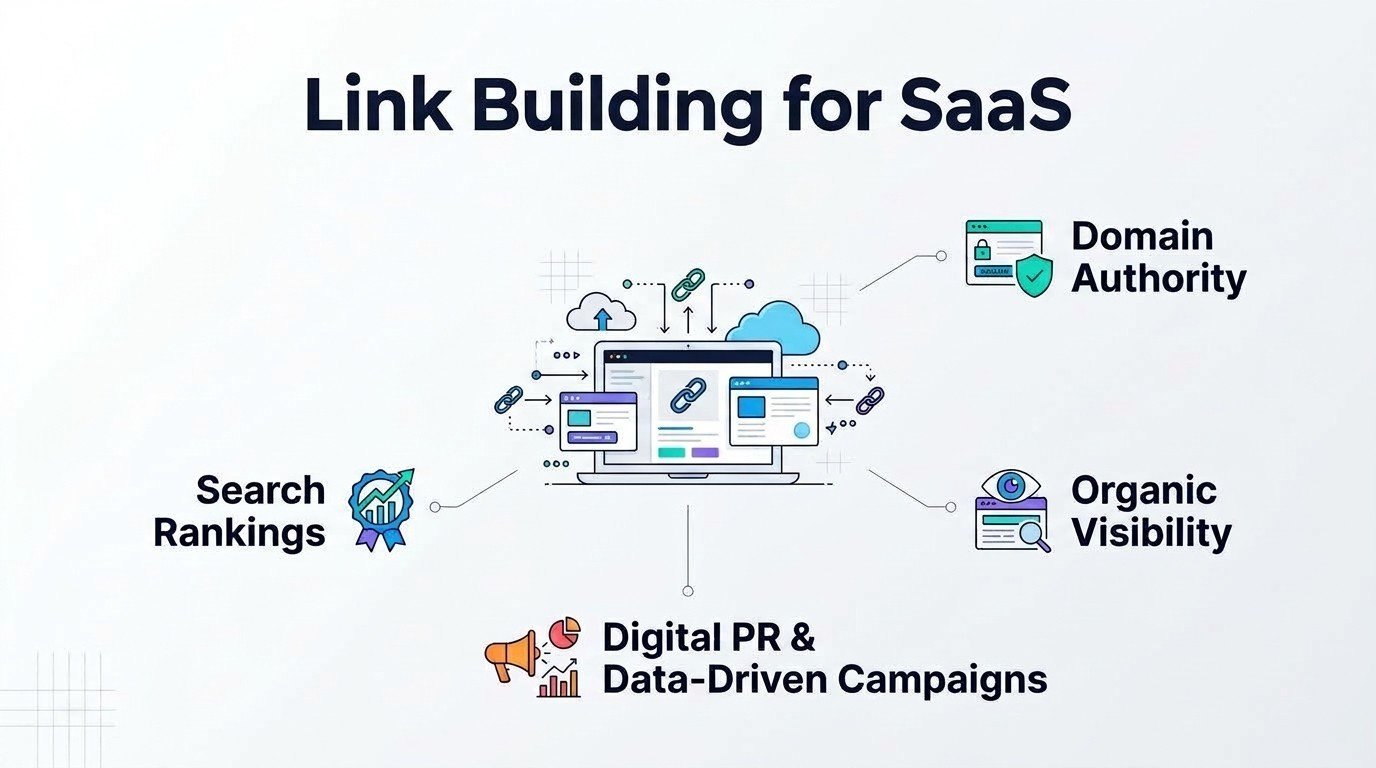 Infographic on link building for SaaS, highlighting domain authority, search rankings, organic visibility, and digital PR and data-driven campaigns.