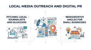 Local media outreach and digital PR infographic detailing how to pitch local journalists and bloggers alongside finding newsworthy angles for small businesses with illustrated icons.