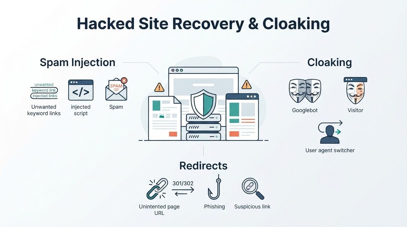 Infographic titled 'Hacked Site Recovery & Cloaking' illustrating spam injection on the left-covering unwanted keyword links, injected scripts, and spam messages-cloaking on the right-covering Googlebot versus visitor differences and user agent switchers—and redirects at the bottom-covering unintended page URLs, 301/302 redirects, phishing, and suspicious links—surrounding a central secure website shield icon.