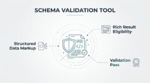 Infographic on schema validation tools, outlining structured data markup, rich result eligibility, and validation pass criteria.