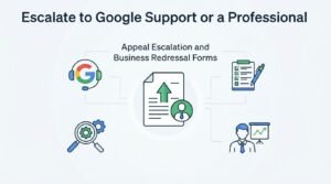 Infographic titled "Escalate to Google Support or a Professional" detailing appeal escalation pathways, business redressal forms, support agent channels, and working with specialized local SEO experts.