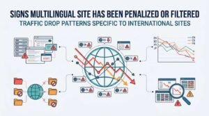 Infographic detailing signs that a multilingual website has been penalized or filtered, highlighting traffic drop patterns specific to international and regional language subdirectories.