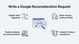 Infographic titled 'Write a Google Reconsideration Request' illustrating how to explain what happened, show exactly what you fixed, provide evidence and documentation, and commit to future compliance surrounding a central SEO browser window and magnifying glass icon.