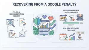 Infographic titled "Recovering From a Google Penalty" outlining the process of filing a reconsideration request, clearing manual actions, restoring site health to 100%, and setting realistic recovery timelines.