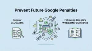 Infographic titled 'Prevent Future Google Penalties' illustrating regular SEO audits on the left and following Google's Webmaster Guidelines on the right, surrounding a central security shield icon.