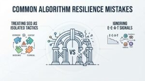 Infographic titled "Common Algorithm Resilience Mistakes" highlighting the dangers of treating SEO as isolated tactics-such as disconnected keywords, content, backlinks, and technical elements-and ignoring E-E-A-T signals including experience, expertise, authority, and trust.